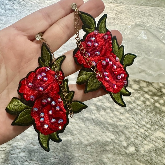 Swarovski Jewelry - Vibrant Red Floral Earrings with Green Leaves